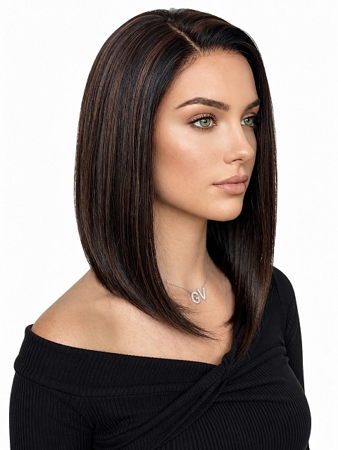 Glamvigor Hybrillia™ Blend Human Hair Soft Black with Gold-Red Highlights shoulder-length bob Lace Part Wig GLP031