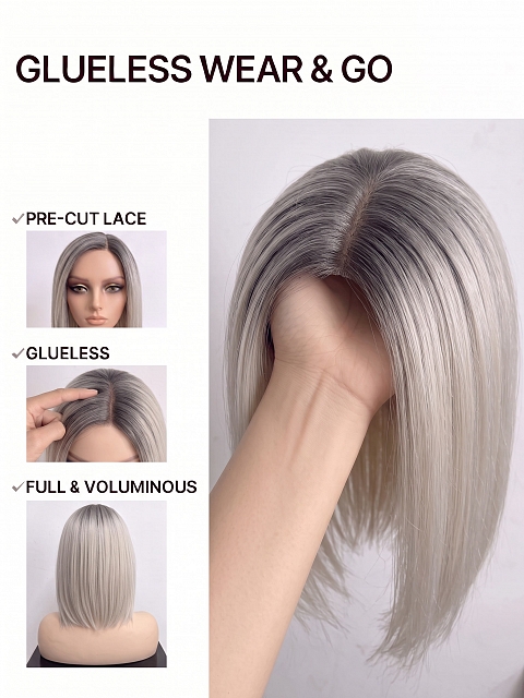  Glamvigor Hybrillia Blend Human Hair ICED BLONDE WITH Dark Roots Straight PRE-CUT Lace Part Wig GLP078