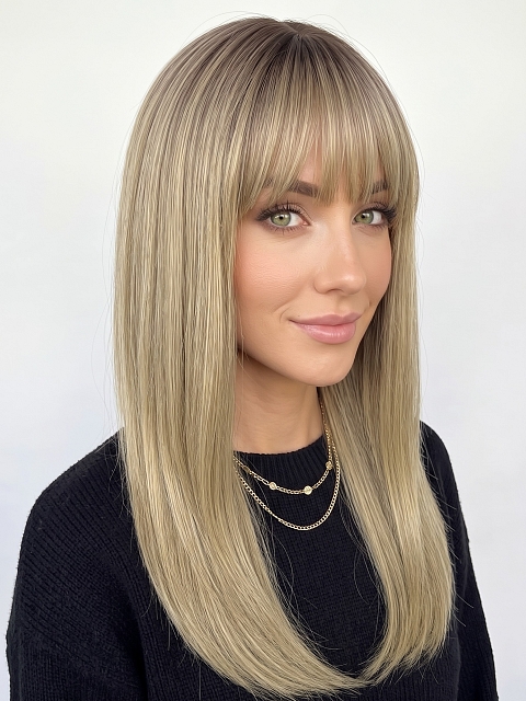 Glamvigor Hybrillia Blend Human Hair Elegantblonde ombre with FULL bangs long staright Lace  Wig GLP061