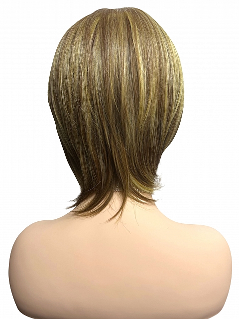 Beautiful medium brown base with bold light blonde highlights mid-length layered Synthetic Wig (Basic Cap) GBC013