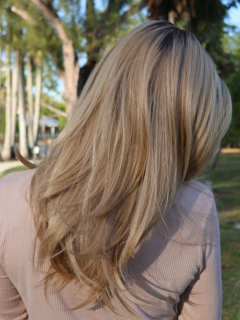 Trendy blonde ombre with gold highlights Straight  with side bangs Synthetic Lace Part Wig GLP008