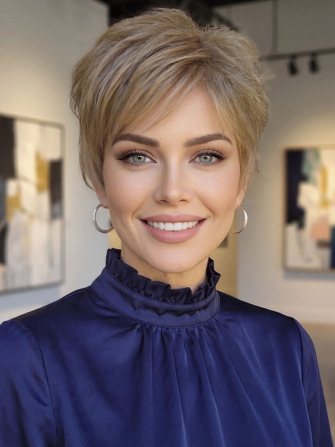 Glamvigor Hybrillia™ Blend Human Hair Chic Warm Medium Brown with Medium Golden Blonde Highlights short Pixie  Wig (Basic Cap) GBC004