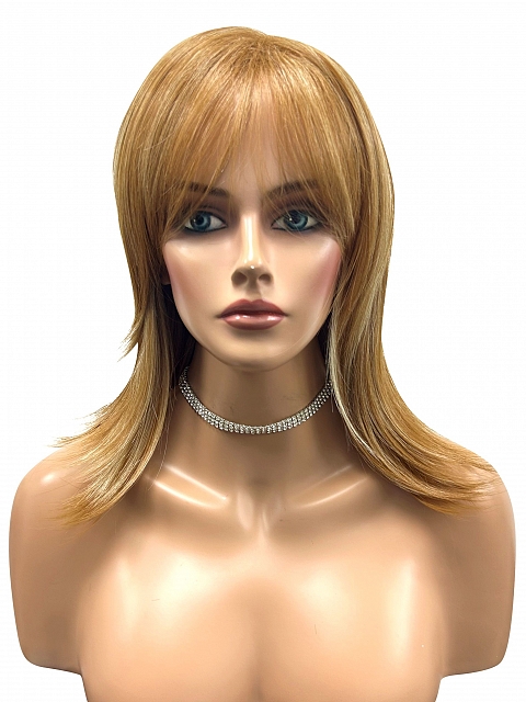 Orange-Brown with Golden Highlights Layered Mid-Length Straight Hair with soft bangs Synthetic Wig (Basic Cap) GBC009