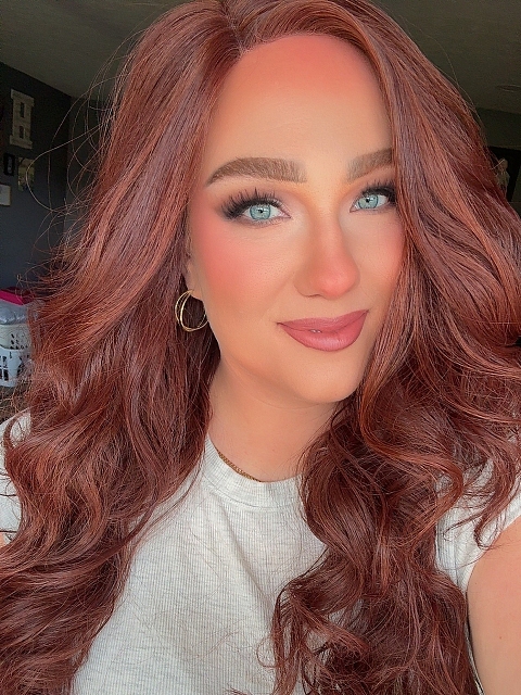 Vibrant Medium Red and Auburn blend loose wavy layered Synthetic Lace Part Wig GLP026