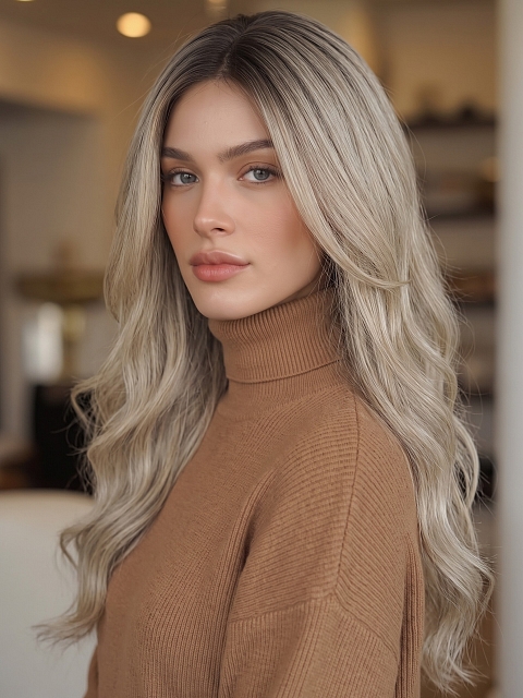 Glamvigor Hybrillia Blend Human Hair  Light Platinum Ombre Long Layered Wavy  Lace Part Wig GLP065