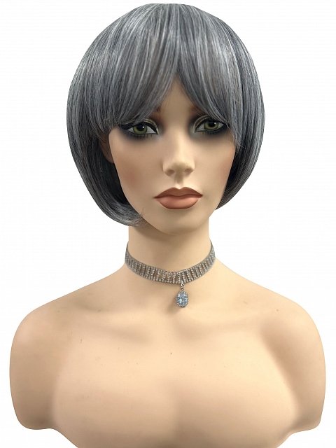 Perfect 80% black mixed 20% white Blended chin length bob with full bangs ynthetic Wig (Basic Cap) GBC024