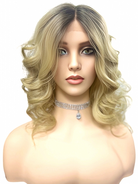 flirty Dark Blonde with Light Copper Blonde Highlights & Golden Brown Roots mid-length layered waves synthetic Lace Part  wig glp037