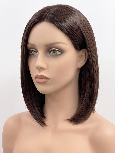 Glamvigor Hybrillia Blend Human Hair Dark Brown base with Light Reddish Brown highlights shoulder-length PRE-CUT Lace Part Wig GLP076