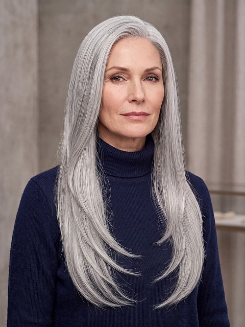 Glamvigor Hybrillia™ Blend Human Hair Light Grey long layered PRE-CUT Lace Part Wig GLP073
