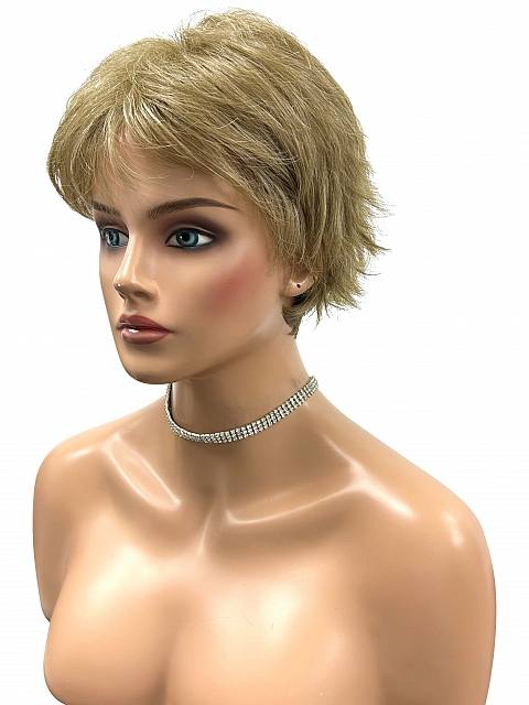Brown mixed Cool Subtle Medium Blonde highlights  short voluminous texturized Synthetic Wig (Basic Cap) GBC004