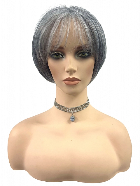 Glamvigor Hybrillia™ Blend Human Hair Grey with 40% white Blended short  length with full bangs bob Wig (Basic Cap) GBC021