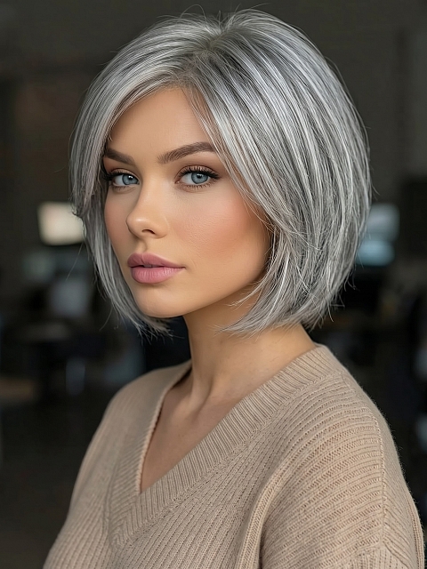Glamvigor Hybrillia Blend Human Hair Grey with 40% white Blended short  length with full bangs bob Wig (Basic Cap) GBC021