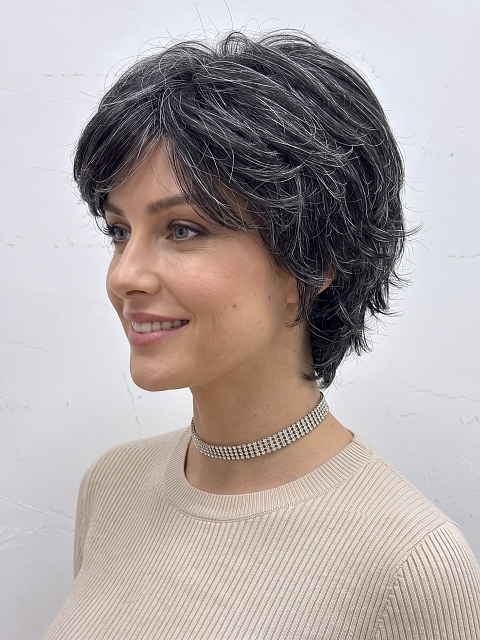 Glamvigor Hybrillia Blend Human Hair Cool Black mixed silver Short Wolf Cut with Bangs Wig (Basic Cap) GBC002