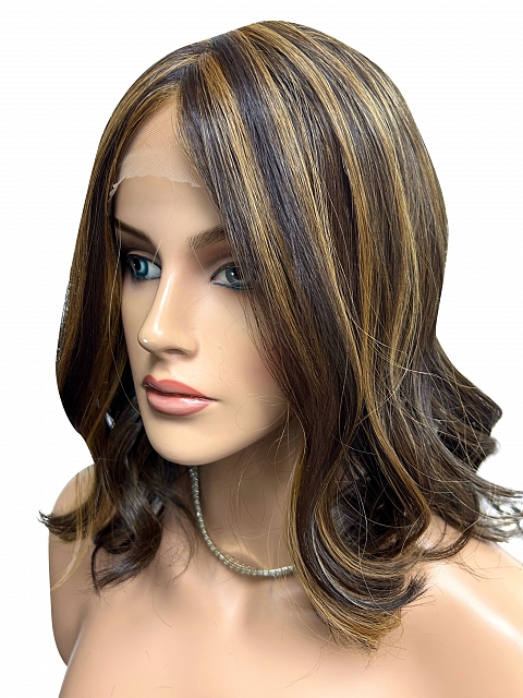 Gorgeous Warm Medium Brown with Ginger Blonde  long wave bob  Synthetic Lace Part Wig GLP020
