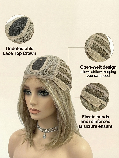 Glamvigor Hybrillia™ Blend Human Hair Trendy Ash Blonde mid-length with full wispy bangs Lace Wig glp034
