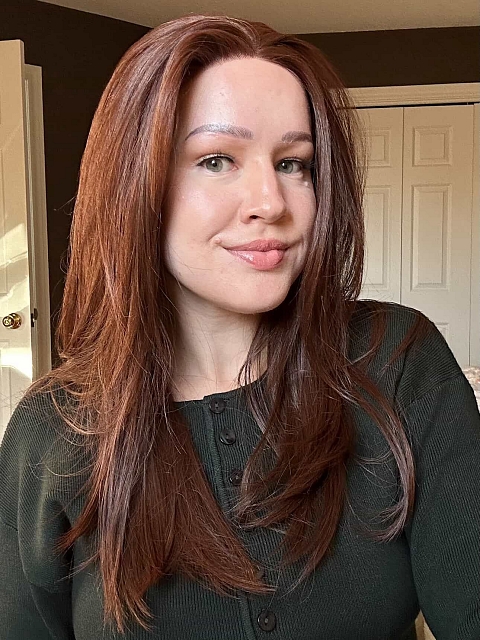Glamvigor Hybrillia™ Blend Human Hair Stunning Medium Reddish Brown long layered  Lace Part Wig GLP011