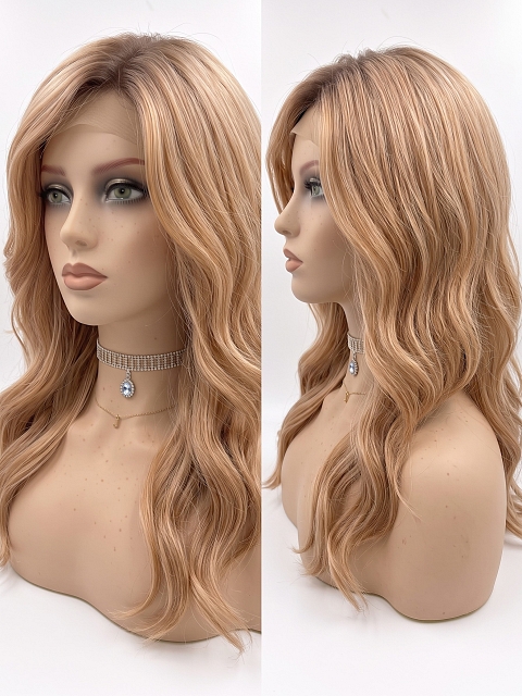 Glamvigor Hybrillia Blend Human Hair Blonde Blend with face-framing layers and soft wavy Lace Part Wig GLP036