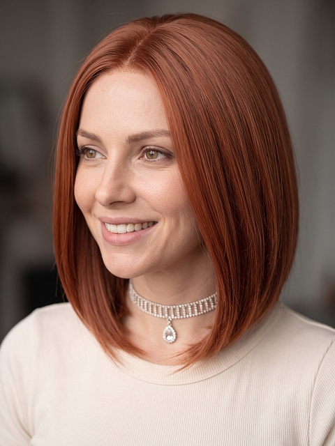 Glamvigor Hybrillia Blend Human Hair Dark Auburn Evenly Blended with Ruby Red classic chin length bob  wig glp033