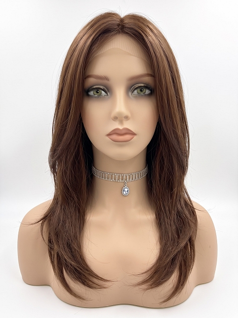 Glamvigor Hybrillia Blend Human Hair Soft dark brown long layered straight Lace Part Wig GLP005