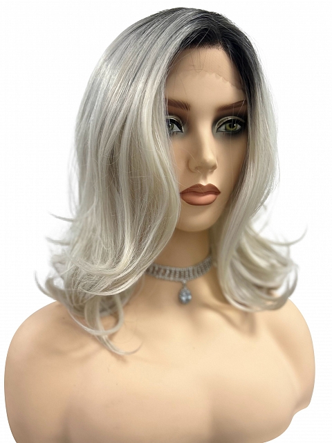 Ombre Silver White Wavy with side bangs Synthetic Lace Part Wig GLP047