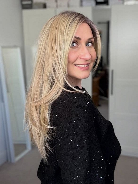 Glamvigor Hybrillia™ Blend Human Hair Trendy blonde ombre with gold highlights Straight  with side bangs Lace Part Wig GLP008