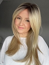 Hybrillia Blend Human Hair Trendy blonde ombre with gold highlights Straight  with side bangs Lace Part Wig GLP008