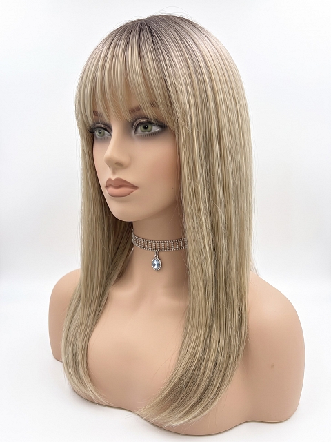 Glamvigor Hybrillia Blend Human Hair Elegantblonde ombre with FULL bangs long staright Lace  Wig GLP061