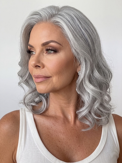 Glamvigor Hybrillia Blend Human Hair Silver grey layed wavy with side bangs Lace Part Wig GLP049