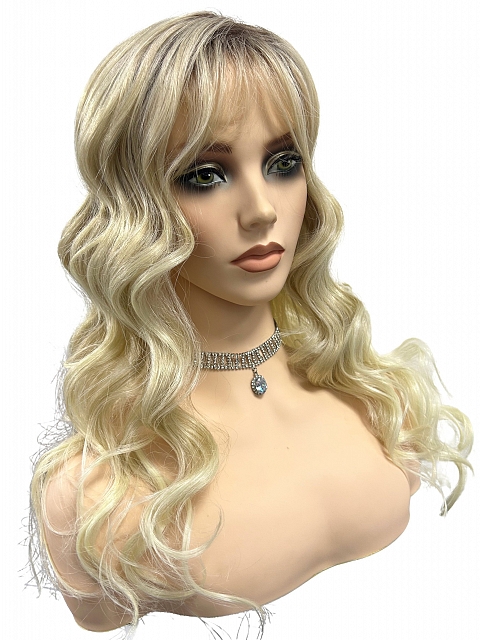 Glamvigor Hybrillia™ Blend Human Hair Milkshake Blonde ombre long layered wavy with Bangs Synthetic Wig (Basic Cap) GBC025