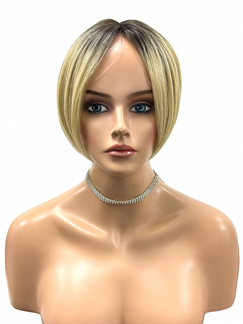Brown Roots layered on top of Light Blonde short bob Synthetic Wig (Basic Cap) GBC008