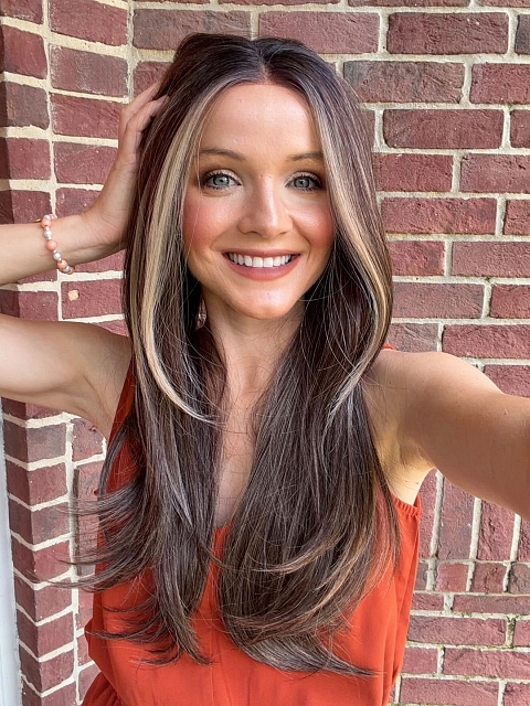 Glamvigor Hybrillia™ Blend Human Hair Beige Blonde and Auburn Blended with Medium Brown Roots long layered glamorous Lace Part wig glp042
