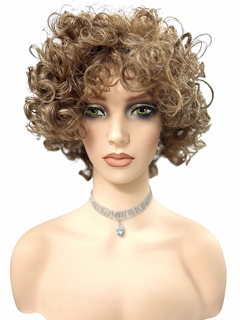 Glamvigor Hybrillia™ Blend Human HairWarm brown Base with Subtle Light Honey Blonde Highlights Spiral-wavy layered bob Wig (Basic Cap) GBC014