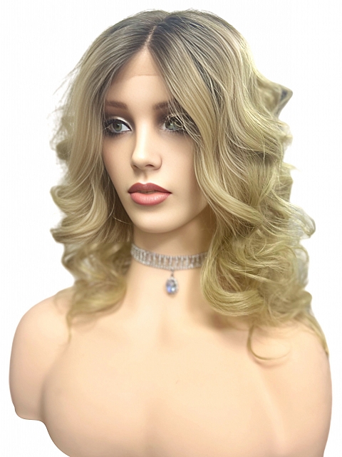 flirty Dark Blonde with Light Copper Blonde Highlights & Golden Brown Roots mid-length layered waves synthetic Lace Part  wig glp037