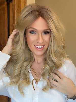 Glamvigor Hybrillia&trade; Blend Human Hair Exquisite Dark Honey Blonde ombre long layered wavy Lace Part Wig GLP021