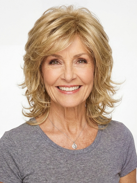 Glamvigor Hybrillia™ Blend Human Hair Dark Blonde Evenly Blended with Pale Blonde Highlights and Dark Roots mid-length shag with layered Wig (Basic Cap) GBC020