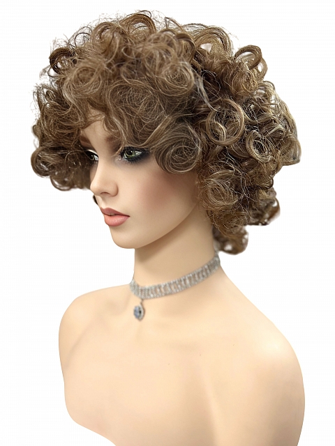 Warm brown Base with Subtle Light Honey Blonde Highlights Spiral-wavy layered bob  Synthetic Wig (Basic Cap) GBC014
