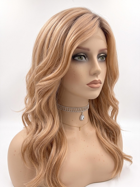Glamvigor Hybrillia Blend Human Hair Blonde Blend with face-framing layers and soft wavy Lace Part Wig GLP036