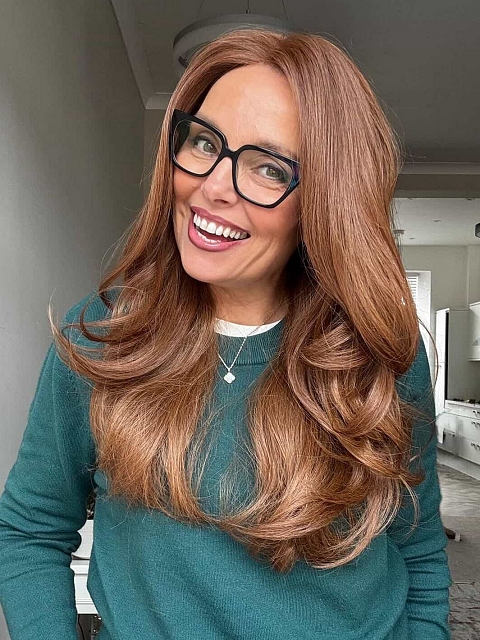 Glamvigor Hybrillia™ Blend Human Hair Ginger copper with light copper highlights long cascading style Lace Part Wig GLP058