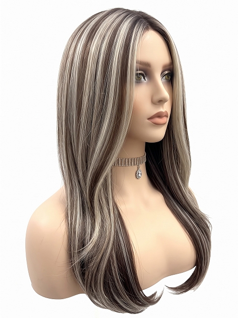 Glamvigor Hybrillia Blend Human Hair Warm Brown mixed Blonde long straight layered Lace Part Wig GLP002
