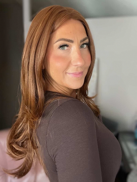 Glamvigor Hybrillia™ Blend Human Hair Ginger copper with light copper highlights long cascading style Synthetic Lace Part Wig GLP058