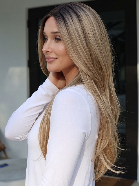 Glamvigor Hybrillia Blend Human Hair Dazzling Honey Blonde ombre lengthy textured layered fall to mid-back  Lace Part Wig GLP028