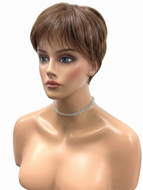 Glamvigor Hybrillia Blend Human Hair Classic Warm Brown Short Pixie with bangs Mono Top Wig GMT003