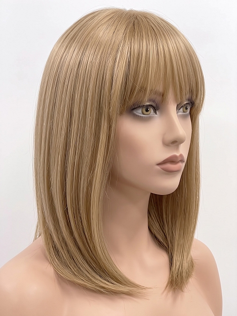 Glamvigor Hybrillia Blend Human Hair Trendy Ash Blonde mid-length with full wispy bangs Lace Wig glp034