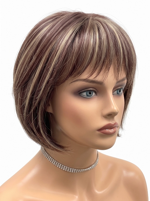 Glamvigor Hybrillia Blend Human Hair Trendy Medium Auburn  with Blonde Highlights Short  bob with bangs Wig (Basic Cap) GBC005
