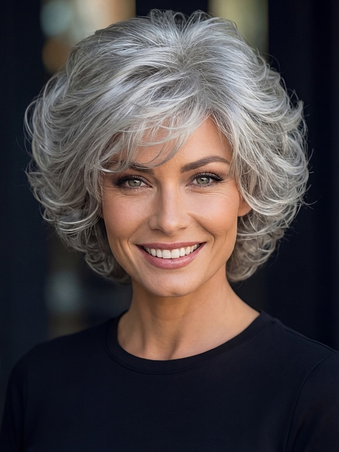 Glamvigor Hybrillia™ Blend Human Hair  Chic Grey Ombre short Wavy Layered Curly with bangs  Wig (Basic Cap) GBC011