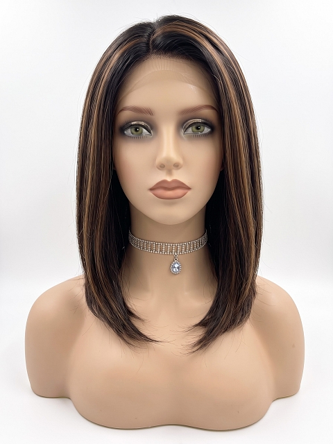 Glamvigor Hybrillia Blend Human Hair Soft Black with Gold-Red Highlights shoulder-length bob Lace Part Wig GLP031