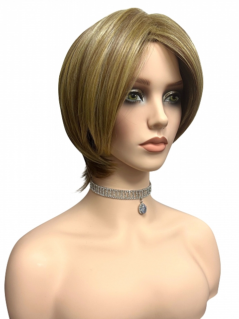 Beautiful medium brown base with bold light blonde highlights mid-length layered Synthetic Wig (Basic Cap) GBC013