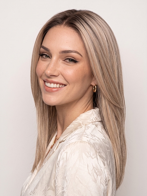 Glamvigor Hybrillia Blend Human Hair Blonde Blended Mixed Cool Platinum  with Dark Roots Medium layered Straight PRE-CUT Lace Part Wig GLP077