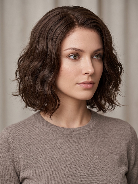 Glamvigor Hybrillia™ Blend Human Hair Avant-garde Warm Brown wavy layered bob Lace Part Wig GLP025 