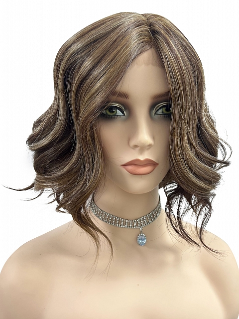 Brown with Medium Red-Gold Blonde Highlights  carefree wavy layered Synthetic Lace Part Wig GLP044